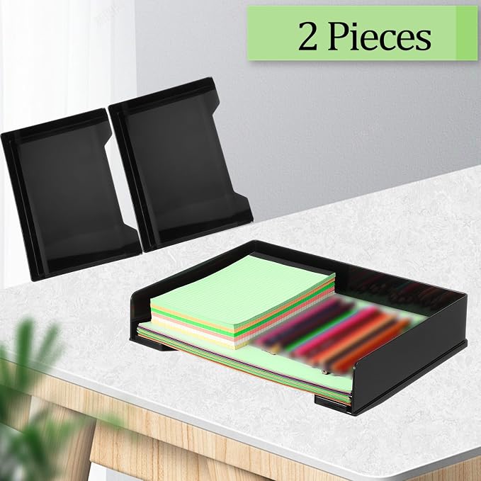 DoubleFill 2 Pcs Stackable Letter Tray Rectangular Plastic Desk Organizer 13 x 9.5 x 2.6 in Paper Holder File Tray Accessories Rack for Desktop Office Desk Drawers (Black) - Image 3