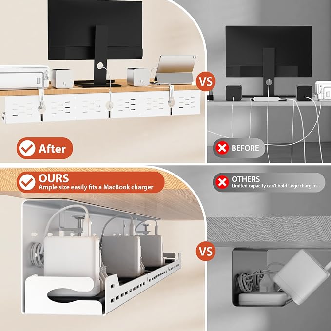 Univivi Under Desk Cable Management Tray, Cable Management, 48 inch, White | Durable Steel Material, Cord Organizer with No-Drill C-Clamp and Screw Mount, Effortless Wire Management for Office/Home - Image 3