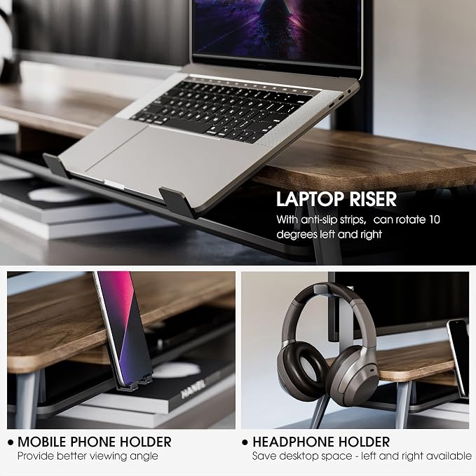 Fenge 42.5-Inch Monitor Stand Riser with Laptop, Phone & Headphone Holders | 10° Adjustable Laptop Holder, 2-Tier Storage, Dual Monitor or Monitor-Laptop Setup, Ideal for Multitasking, Gaming, Streaming - Image 3