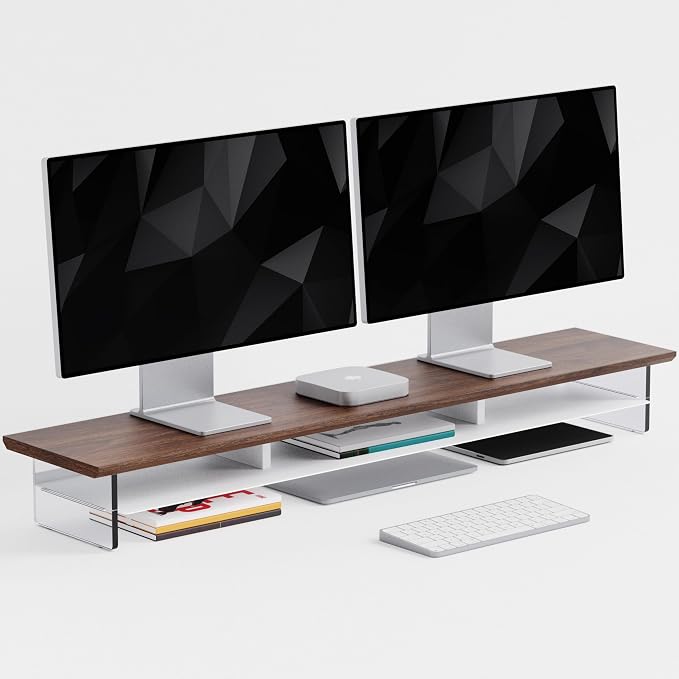 FENSULN Dual‑Tier Monitor Stand for Modern Desk Setup – Minimalist Wooden and Metal Riser Shelf with Transparent Acrylic Feet for Dual Monitors, Laptops, Home Office Aesthetic，Brown and White by FENSULN