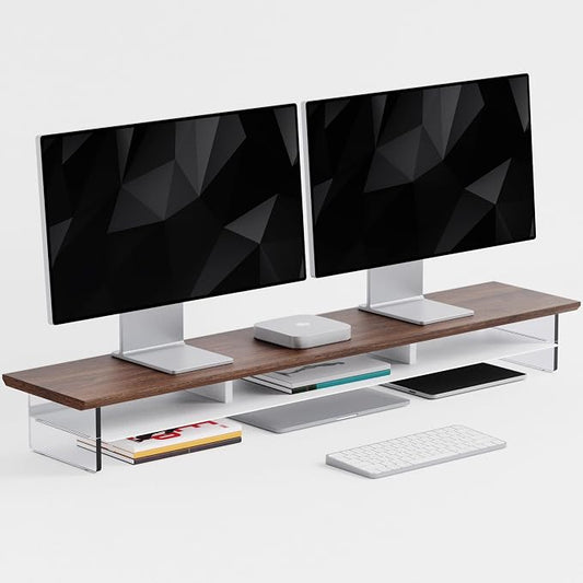 FENSULN Dual‑Tier Monitor Stand for Modern Desk Setup – Minimalist Wooden and Metal Riser Shelf with Transparent Acrylic Feet for Dual Monitors, Laptops, Home Office Aesthetic，Brown and White by FENSULN