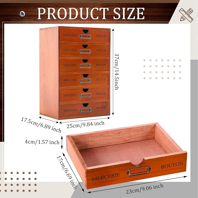 Wesiti 6 Drawer Vintage Wooden Desk Organizer, Apothecary Cabinet Storage Box, Rustic Craft Room Organizer for Embroidery Floss, Jewelry, Art Supplies, Essential Oils - Pre-assembled, Stackable - Image 3