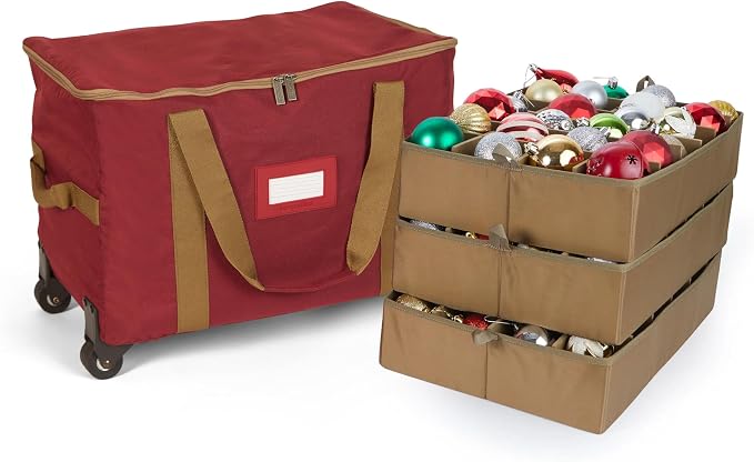 Covermates Keepsakes Rolling Adjustable Ornament Storage Bag – Heavy-Duty Polyester, FlexGrid Trays & Padded Dividers – Protective Holiday Organizer with Wheels, Handles & ID Window, Red by Covermates