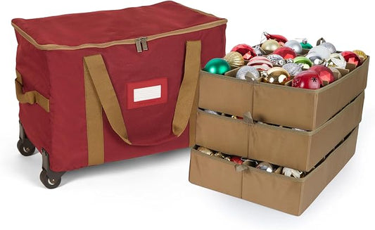 Covermates Keepsakes Rolling Adjustable Ornament Storage Bag – Heavy-Duty Polyester, FlexGrid Trays & Padded Dividers – Protective Holiday Organizer with Wheels, Handles & ID Window, Red by Covermates