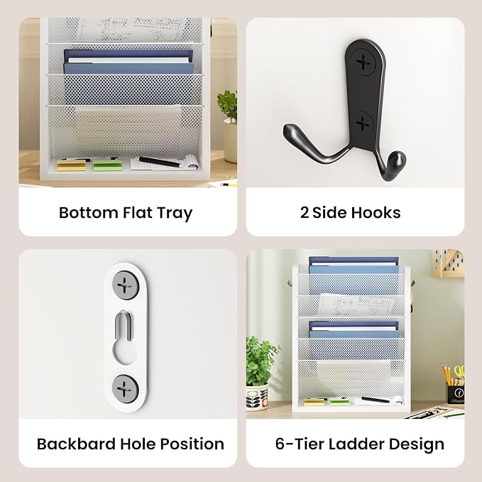 Mail Organizer Wall Mounted, 6-Slot Hanging File Organizer with Key Holder | Mail Sorter, Wood Letter Holder for Envelopes Bills Magazine Folders Papers Accessories for Home Office, White - Image 6