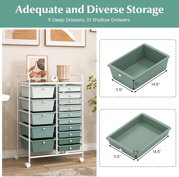 COSTWAY 15 Drawer Rolling Storage Cart, Mobile Storage Organizer | Removable Drawers & Metal Frame, Multipurpose Utility Tools Paper Organizer on Wheels for Home, Office (Green Gradient) - Image 4