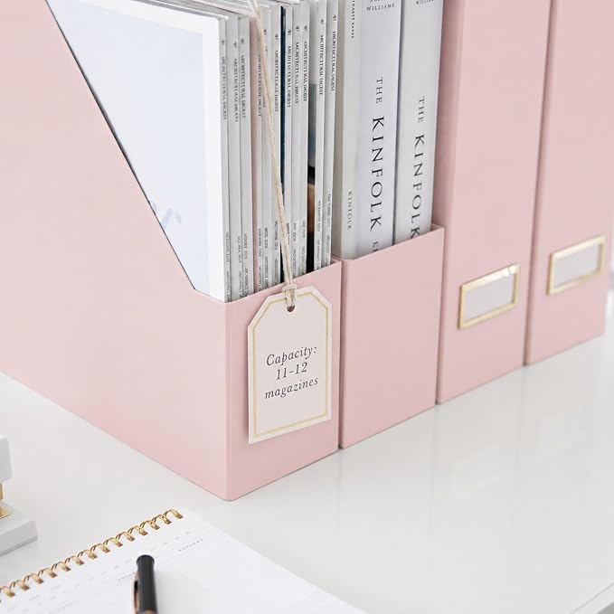 BLU MONACO | Cardboard Magazine File Holder Set of 6 Pink | Vertical Magazine File Holder with Gold Label Slots | Standing File Holder and Cardboard Bins for Shelves Desk Storage - Image 3