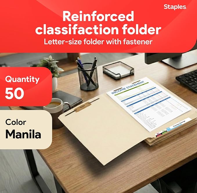 Staples File Folders, Reinforced End-Tab with Fasteners, Letter Size, Perfect for Home, Office or Classroom, 50-Pack, Manila - Image 2