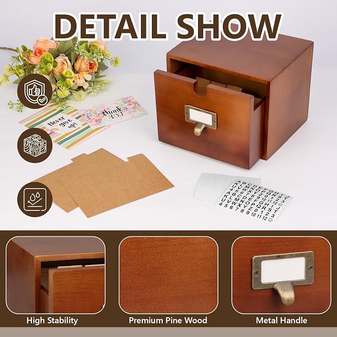 4x6 Index Card Holder Wooden Index Card Storage Box with Drawers Brown Vintage Card Catalog Box Recipe Notecard Box 5 Index Cards Dividers 2 Letter Smile Stickers for School Office - Image 3