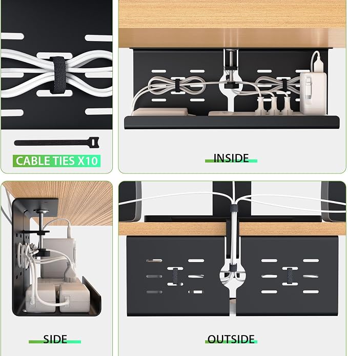 KEEGH 16 in Under Desk Cable Management Tray, Metal Cord Organizer, 2 Pack | No Drill Clamp Mount, Upgrade Capacity, Cord Management Tray for Home Office, Gaming Desk, Standing Desk, Black - Image 8