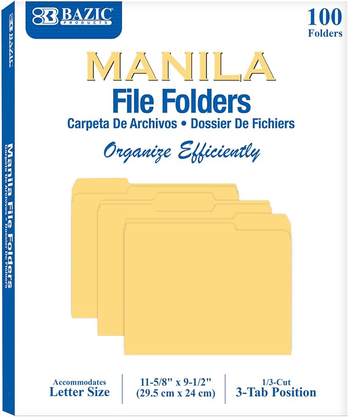 BAZIC Products Manila File Folder, 1/3-Cut Tab, Letter, 100 Ct Box | staggered tabs, Fit standard file drawers and cabinets by BAZICProducts