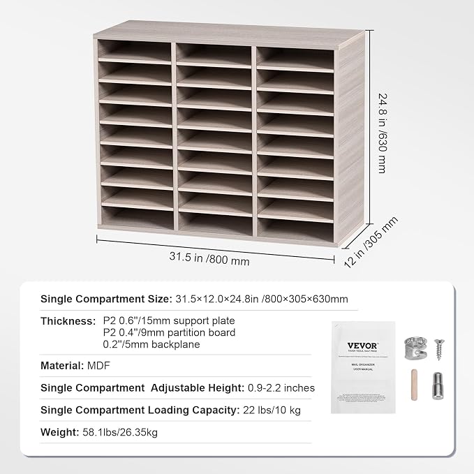 VEVOR 27 Compartments Wood Literature Organizer, Adjustable Shelves, Medium Density Fiberboard Mail Center, Office Home School Storage for Files, Documents, Papers, Magazines, Grey - Image 7