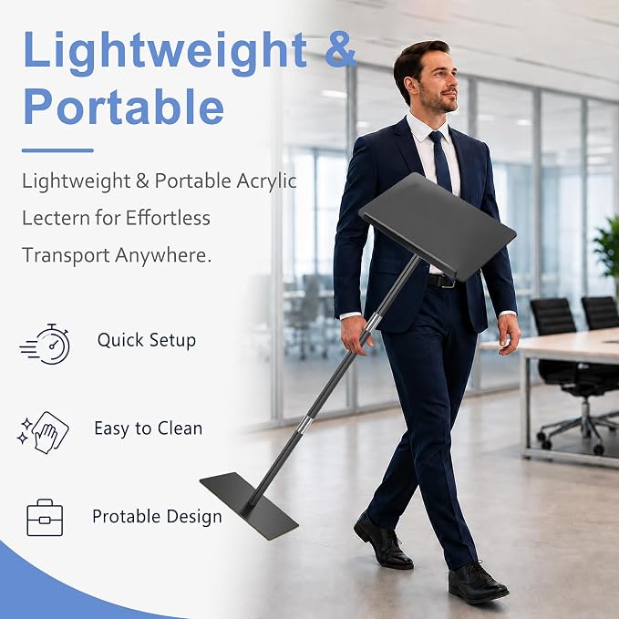 Podium Stand, Lecterns & Podiums, Acrylic Podium, Portable Podium Stand, Adjustable Angles with Metal Base, Podium for Classroom, Church, Weddings, Speech, 16" L x 12" W x 48" H, Black - Image 5