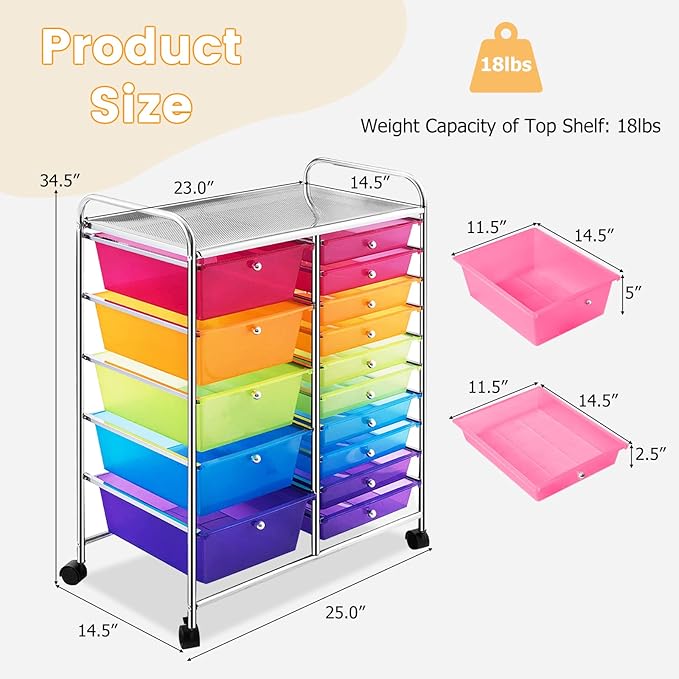 COSTWAY 15 Drawer Rolling Storage Cart, Mobile Storage Organizer | Removable Drawers & Metal Frame, Multipurpose Utility Tools Paper Organizer on Wheels for Home, Office (Rainbow) - Image 3