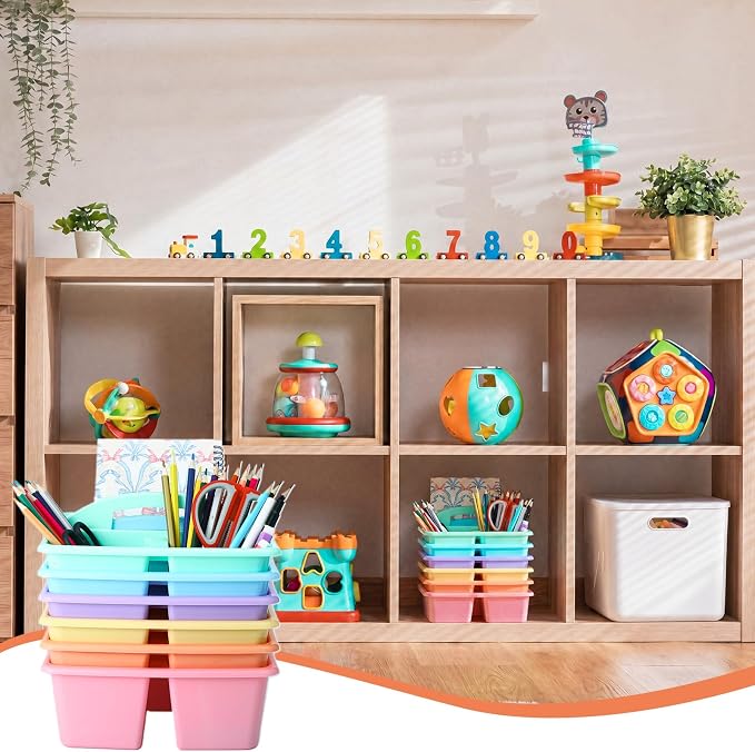 Lineshading 6 Pack 3 Compartment Classroom Caddy with Handle Pastel Multipurpose Portable Plastic Classroom Storage Organizer Caddies for Table Desk Office School Supply - Image 4