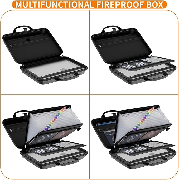 Tamfile Fireproof File Organizer with Lock,Hard Case Fireproof Document Box | 13 Transparent Pockets Accordion File Folder, Office Important Document Organizer for Letter A4 Files Laptop Passports, Black - Image 5