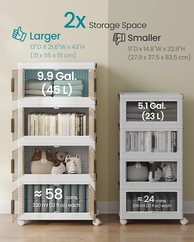 SONGMICS 48QT Plastic Storage Bins with 1 Lid, 4-Tier Stackable Bins with Doors and Wheels, Foldable Storage Boxes, for Closets, Bedroom, Living Room, Office, White URLB450WZ01 - Image 3