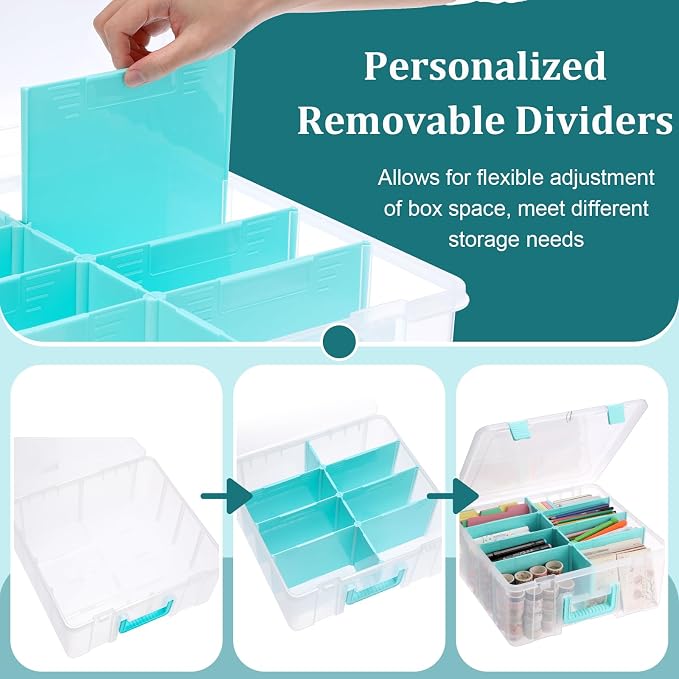 BTSKY Clear Plastic Dividing Storage Box with 8 Deep Compartments Adjustable Storage Bin with Lid Portable Craft Storage Container Multipurpose Sewing Box Art Supply Organizer, 15.1x13.9x6.1 Inches - Image 4