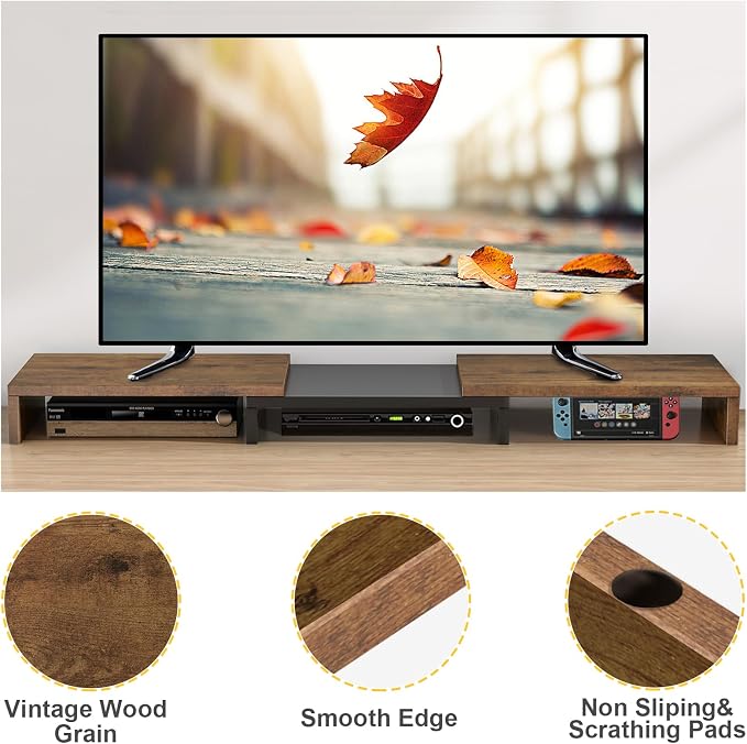 TAVR Dual Monitor Stand Riser, Wooden Computer Monitor Stand for 2 Monitors | Extra Long Multifunctional Desktop Organizer Riser for TV, PC Monitor, Laptop, Printer, Max 43.3" Length, Rustic Brown - Image 6