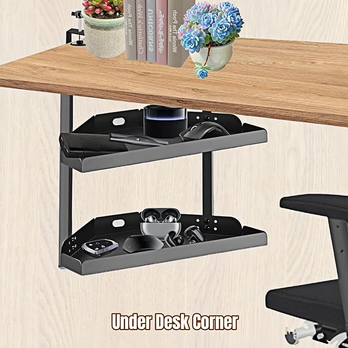 CanKing Desk Clamp Shelf, 16 Inch Corner | 2-Tier height adjustable metal shelf, clamp-mounted only above or under desk corners for office & gaming cubicles - Image 5