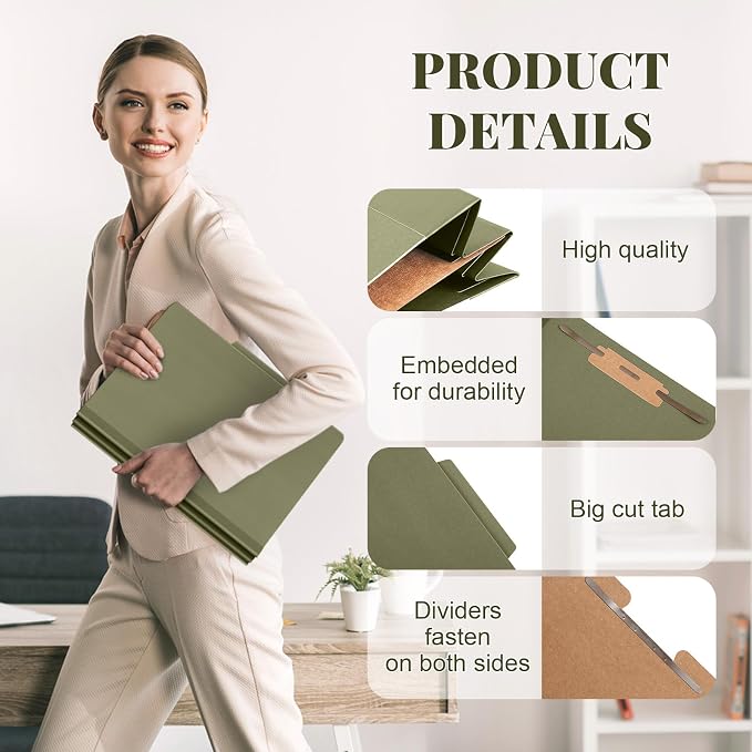 AmazingSpark 24 Pcs Classification Folder Letter Size Bulk 1 Divider Pressboard File Folder with Expansion 2 Prong Fastener Heavy Duty Office File Organizer for School Medical Document(Hunter Green) - Image 3