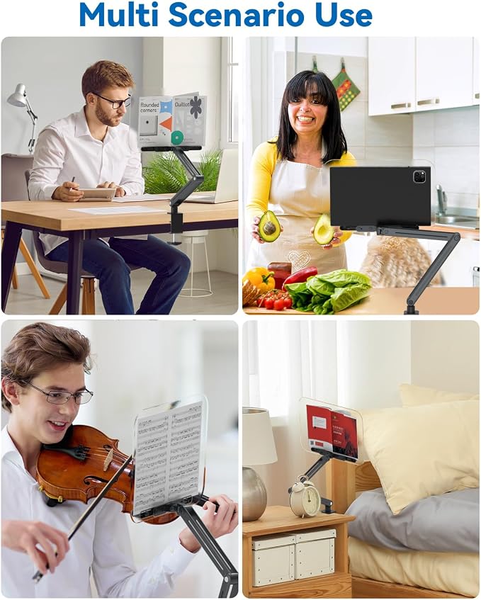 Desk Clamp Acrylic Book Stand for Reading, Ergonomic Design Adjustable Height up to 20 inches with Rotating Bases Cookbook Stand, Suitable for Recipe, Sheet Music, Tablet(Gray) - Image 5