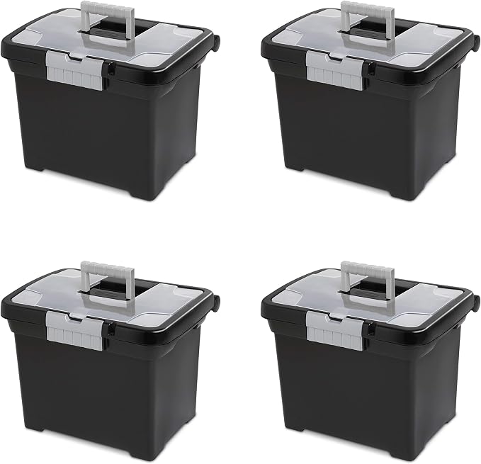 Sterilite Portable File Box, Letter File Storage Bin with Handle, 4 Pack | Heavy-Duty and Stackable Plastic Containers with Latches for Closet, Cabinet, Bedroom, Bathroom and Dorm Room Organization by Sterilite