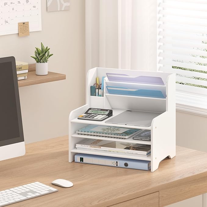 Bamboo File Organizer for Desk, Paper Tray with Pen Holder-White | Open tiers and a pen holder sort Letter/A4 paper, folders and office supplies while keeping your workspace clutter-free - Image 3