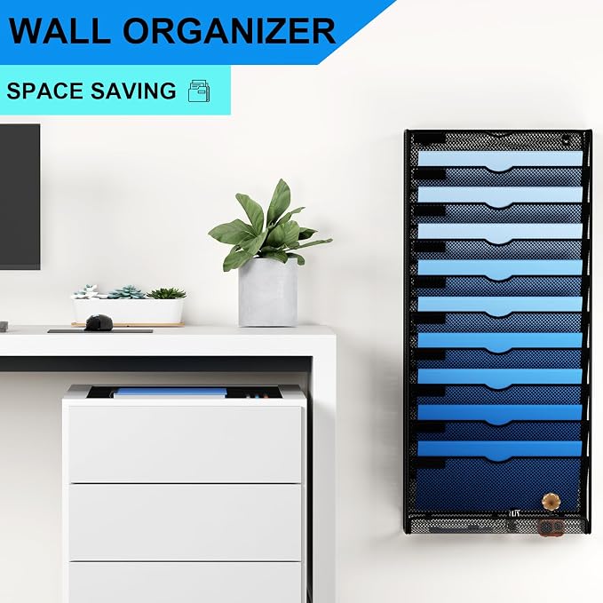 Hanging Wall File Organizer 10 Tier Wall Mounted File Holder Document Wall Organizer Magazine Organization for Office Home, Black - Image 2