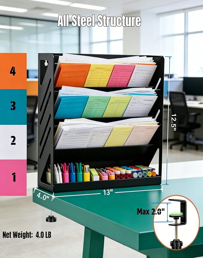 Yuxh 13 Inch 4 Tier Clamp on Desk Shelf Metal File Mail Bill Organizer | Drill-free mounting holder for workspace storage, heavy-duty metal rack for office paperwork sorting - Image 2