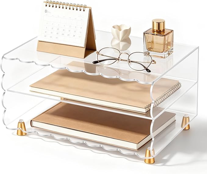 2+1 Tier Paper Letter Tray,Acrylic Desk Organizer with Scalloped Edge& Gold Metal Feet,Top Display Design,Space Saving Clear Organizer for Women, A4 File, Letter, Books,Notes,Home & Office by Unknown