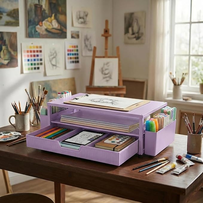 ECOLOVI Desk Organizer and Accessories, 2-Tier Computer Monitor Stand Rise with Storage Drawer & 2 Pen Holders, Laptop & Printer Stand for Desktop, Workspace Organizers for Office Supplies (Purple) - Image 9