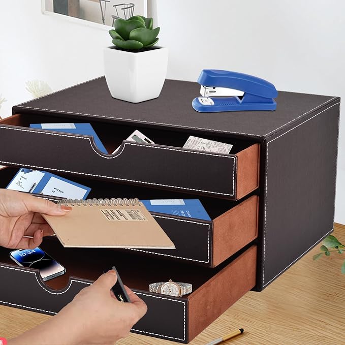 PU Leather Desk Organizer with 3 Drawers,Executive Office Supplies Desktop Filing A4 File Cabinet/Holder for Jewelry/Bill/Paper/Documents/Makeup Home Decor Stationery Storage Box,Brown - Image 7