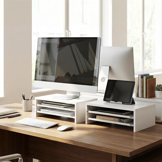 Fenge 14.3-Inch Monitor Stand with Slide-Out Trays, Wood & Metal Desk Shelf | 3-Tier Space-Saving Desk Storage Organizer, Fits Computer, Laptop, Printer and Telephone - Image 7