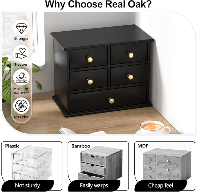 Oak Desk Organizer with Drawers, Durable Wooden Desktop Storage Box | 5 Drawer Tabletop Organizer with Metal Handles & Non-Slip Pads for Office, Bedroom, Bathroom, Vanity & Makeup Storage, Black - Image 3