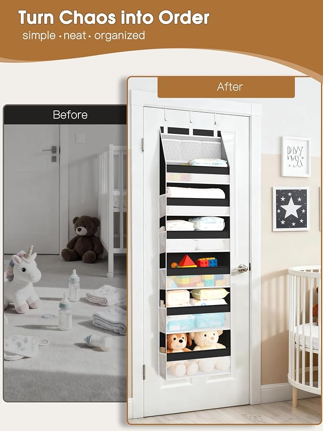 2 Pack Over the Door Organizer, Heavy-Duty 6-Shelf Hanging Storage with 13 Mesh Pockets, 55lbs Capacity Behind the Door Storage for Nursery, Bathroom, Bedroom, and Dorm, Black - Image 7