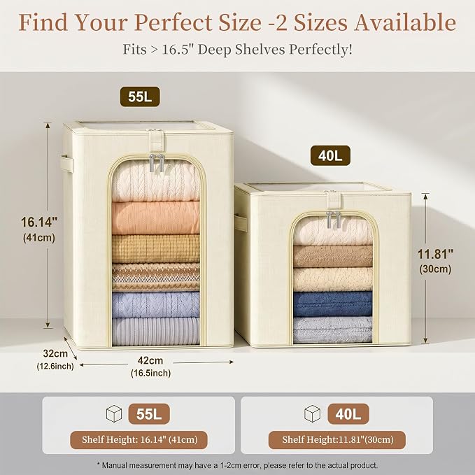 GoMaihe Blanket Storage Bins with Metal Frame for Closet, 55L 6-Pack Beige | Winter Coat Clothing Comforters Bedding, Closet Top Shelf Organizer, Collapse-Proof Stackable, Clear Window Dual Access - Image 7