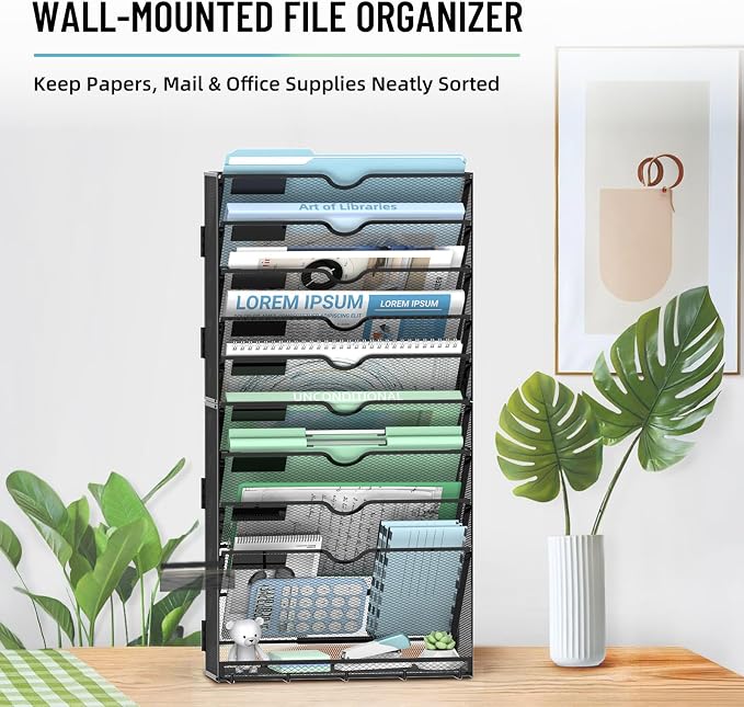 10-Tier Wall File Organizer with 5 Hooks, Wall Mounted Mail Organizer | File Holder Organizer, Metal Mesh Office Wall Organizer for Home, School & Classroom - Image 6