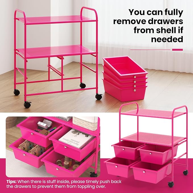 Moccha Rolling Storage Cart with 4 Drawers - Storage Drawers Organizer with wheels for Craft Art Supply Paper Salon, Scrapbook Paper Tools, Movable Utility Cart for Classroom School Studio, Hot Pink - Image 5