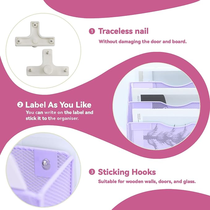 8 Pockets Mesh Wall File Holder Organizer Office Hanging File Folder Magazine Rack, Nametag Label Hooks Set Included (Purple) - Image 5
