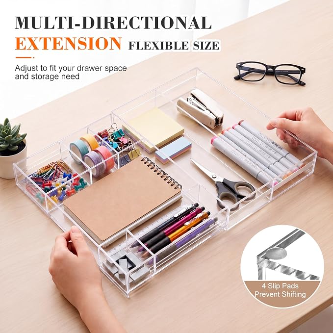 Briwooody Clear Acrylic Drawer Organizer Expandable,11 Compartments,Small | 9'' up to 18'' x 12'' x 2.1'' Desk Drawer Organizer Trays Adjustable with Desk Accessories for Makeup Office Bathroom - Image 4