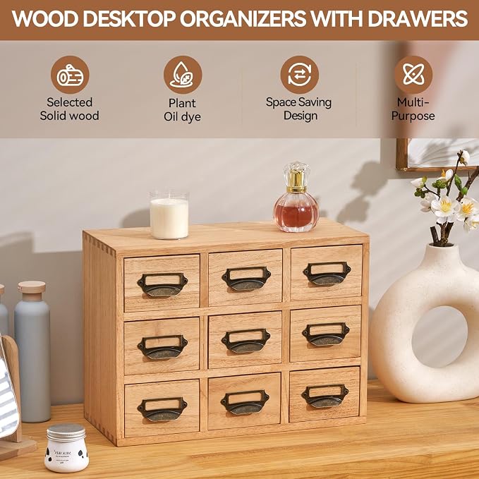 KIRIGEN Wooden Desk Organizer with 9 Drawers, Storage Cabinet, Natural | Solid Wood Desktop Organizer with Metal Label Handles for Office Supplies, Crafts, Tea Bags, Makeup, Fully Assembled - Image 4