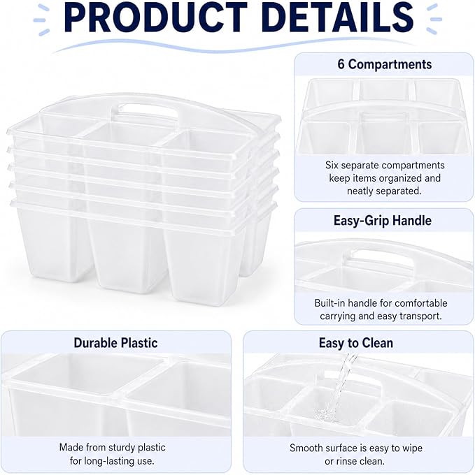 gisgfim 6 Pack Plastic Classroom Caddy with 6-Compartments Plastic Storage Caddies with Handle 6 Compartments Table Caddy Organizer Versatile Table Caddies for Classroom Office Storage, Clear Color - Image 3