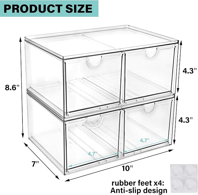 Prsildan Acrylic Storage Drawers Clear Makeup Organizer with 4 Drawers | Transparent, Stackable, For Vanity Bathroom Kitchen Cabinets Office Desk Undersink, Cosmetics Toiletries Home Small Items - Image 3