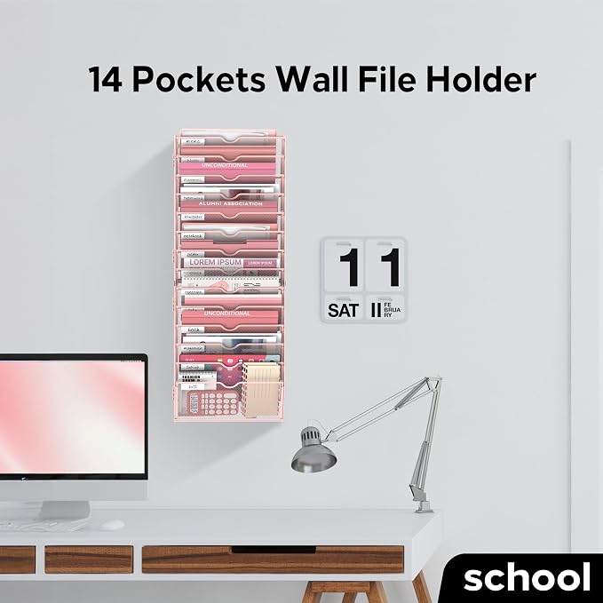 14-Tier Wall File Organizer and Hanging File Organizer, Pink | Wall Organizer and Wall Mounted File Holder with 14 Pockets and Label Panels for Files, Mail, Folders, Magazines and Paper - Image 5