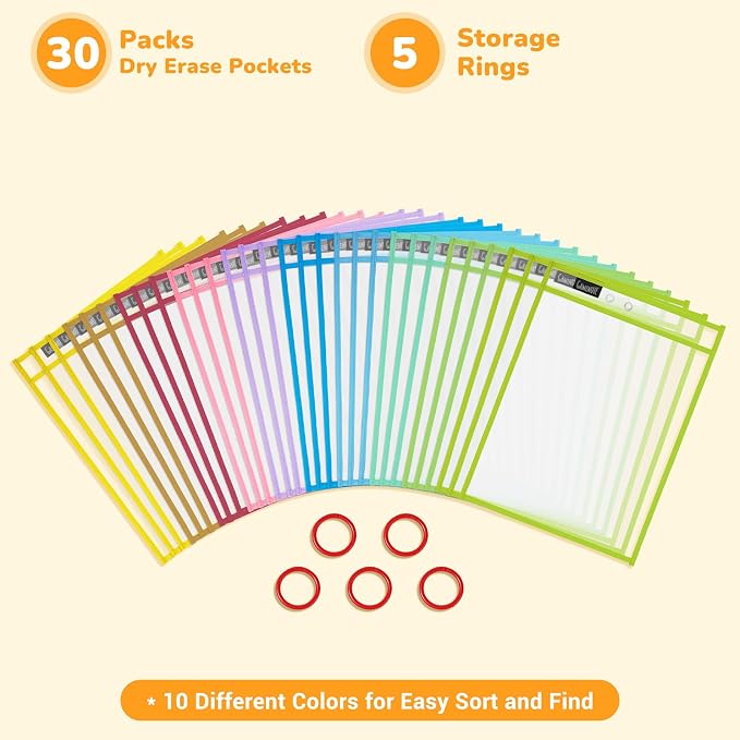 GAMENOTE 30 Pack Pastel Dry Erase Pockets, 10x14 Reusable Sleeves | 30 reusable PVC pockets hold 8.5 x 11 and 9 x 12 sheets; double sided wipe clean surfaces, pen loops, eyelets, and 5 rings - Image 9