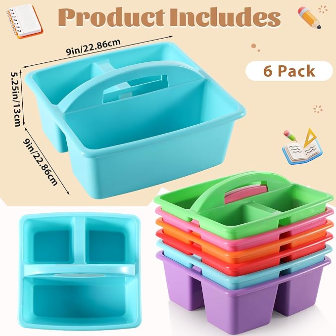 6 Pack 3 Compartment Small Caddy Plastic Classroom Organizer with Handle Portable Teacher Supply Storage Caddy Craft Art Caddies for Pencil, Crayon, Marker, Home, Office, School Supplies(Classic) - Image 2
