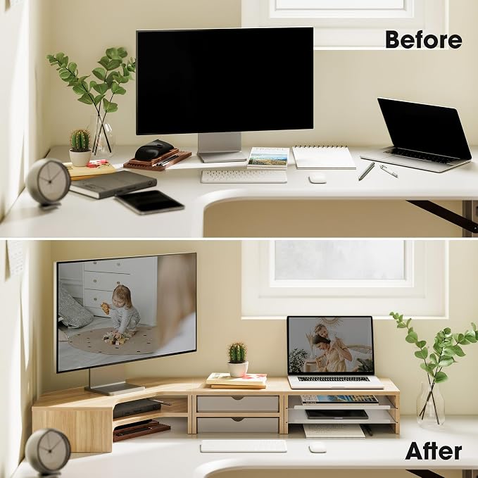 Fenge Dual Monitor Stand, Corner Desk Shelf with Drawer & Slide-Out Tray | Modular Design for Flexible Layouts, 2-Tier Storage Desktop Organizer for Computer, Laptop, Printer and Telephone - Image 6
