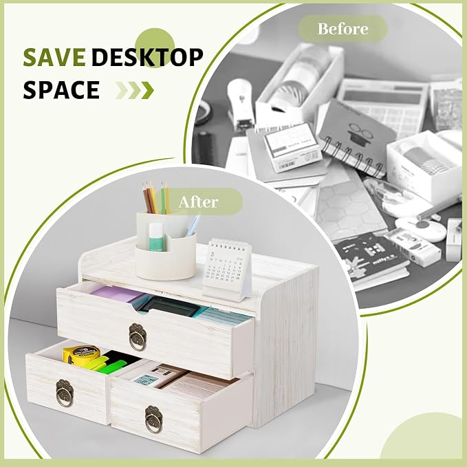 Wood Desk Organizer with Drawer, White Wooden Desktop Organizer, Tabletop Storage Organization Box for Countertop, Home Office Supplies, 13.5x6.6x8.2 Inch(3 Drawer and Shelf) - Image 6
