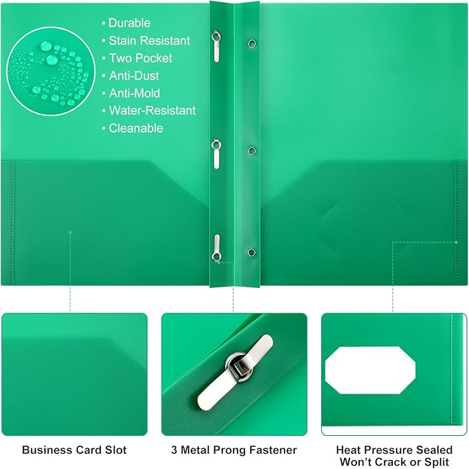 Cholemy 54 Packs Pocket Folders with Prongs Heavy Duty Plastic Folder with Business Card Slot 3 Prong Fasteners for School Office (Green) - Image 2